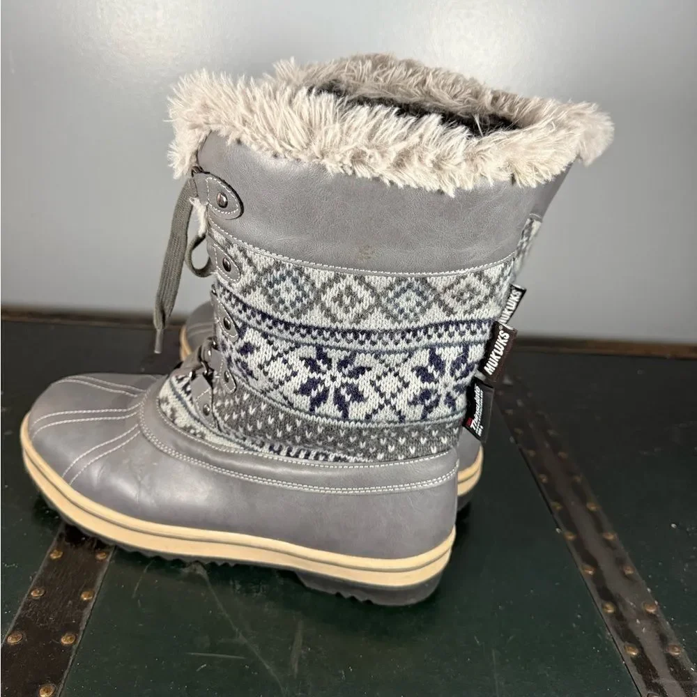 Muk  Luk Snow Winter Boots Gray Women's Sz 11 Fair Isle Print Faux Fur